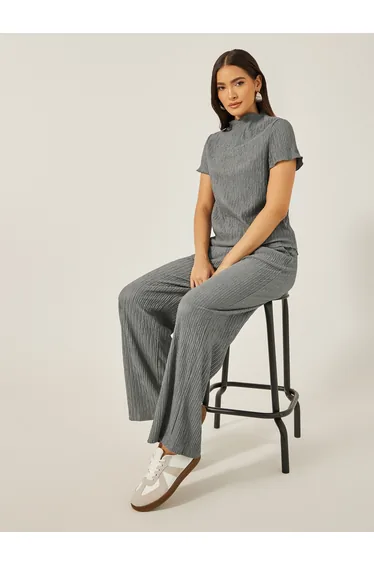 Textured High Neck Top with Wide Leg Pants Co-Ords