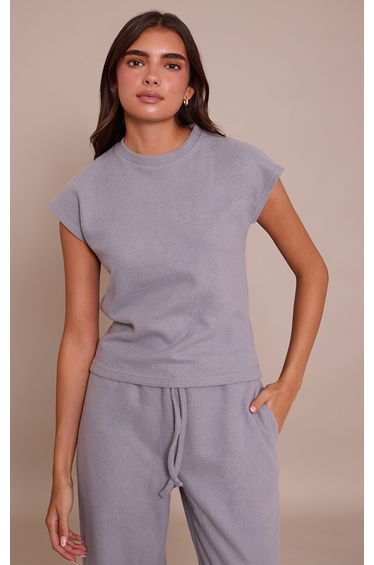 Charcoal Grey Rib Knit Short Sleeve Top