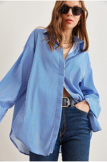 Women's Striped Blue Hidden Placket Poplin Shirt