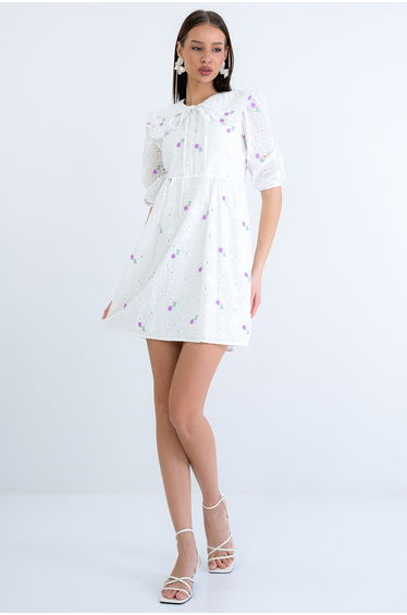 Women's Lilac Baby Collar Scallop and Embroidered Lined Mini Dress
