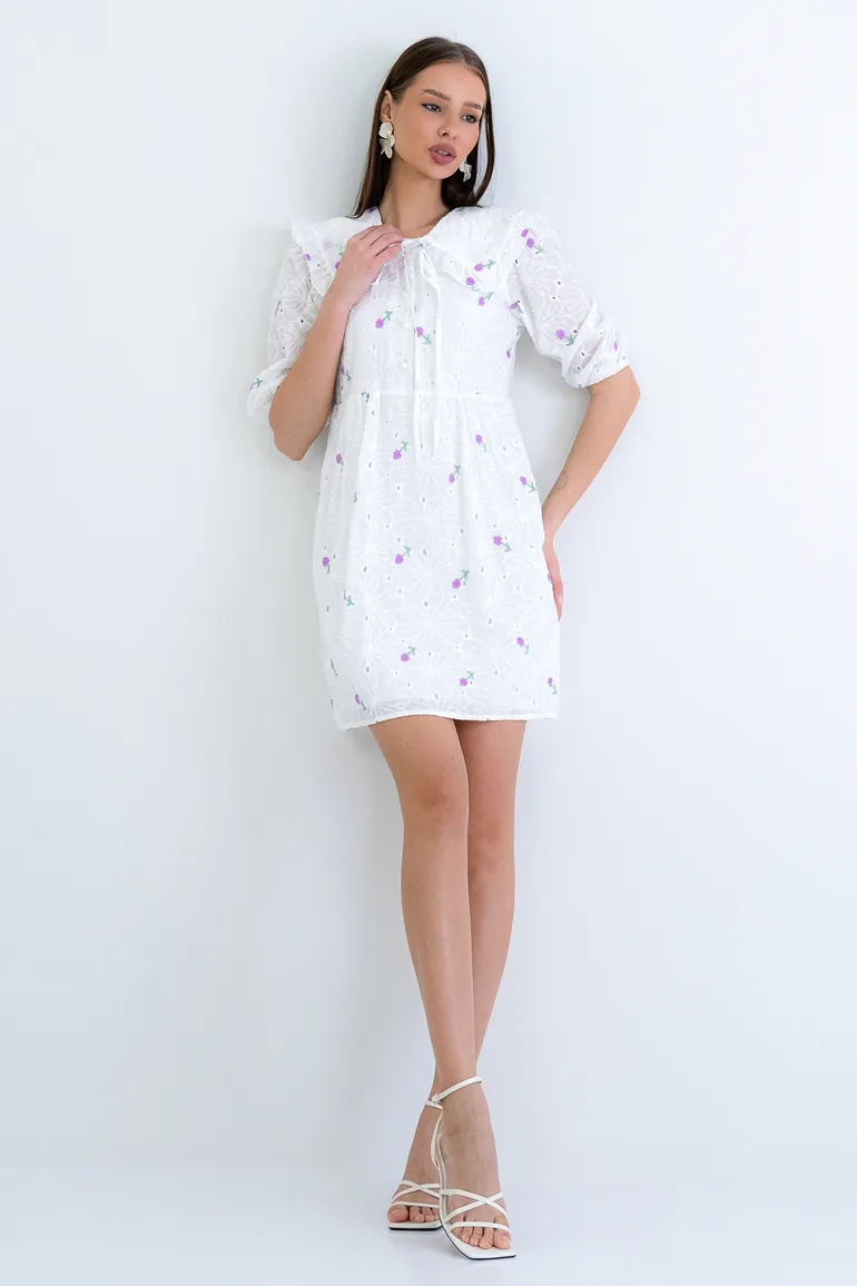 Women's Lilac Baby Collar Scallop and Embroidered Lined Mini Dress - 2
