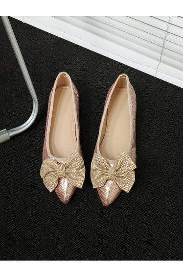 Women Pink Sequins Bow Detail Flats Shoes