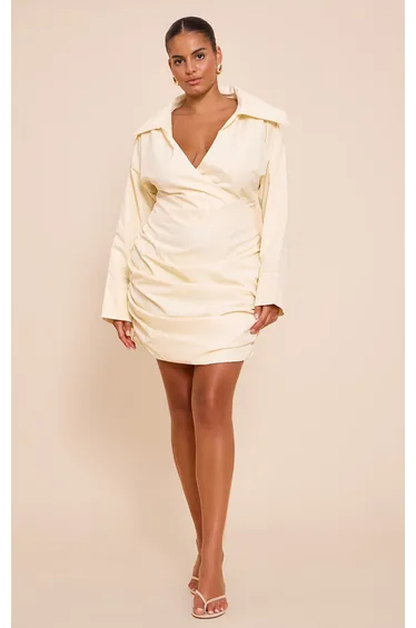 Plus Butter Yellow. Plunge Deep Cuff Shirt Dress