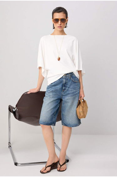 Ecru Printed Oversize/Wide Fit Low Sleeve Short Sleeve Soft Touch Knitted T-Shirt