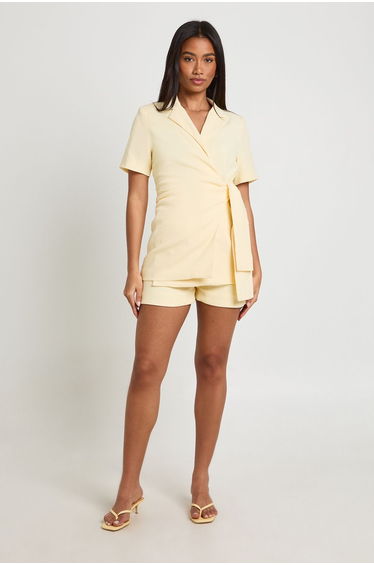Ruched Tie Side Short Sleeve Blazer - lemon