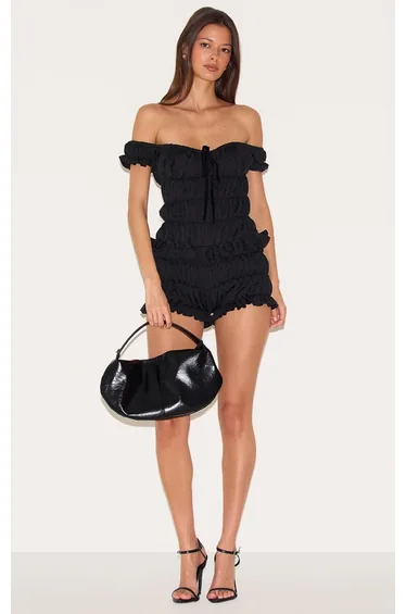 Black Extreme Ruched Bardot Playsuit