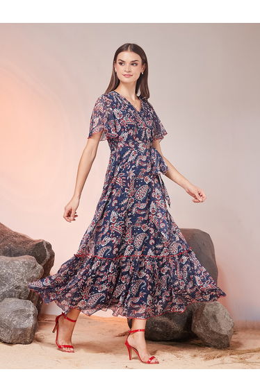 Navy Blue Paisley Print V Neck A-Line Maxi Dress