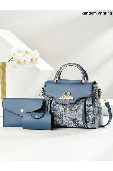 Printed Dual Handle Handbag with Adjustable Strap and Purse Set