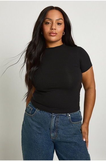 Plus Short Sleeve Longline Fitted Top - black