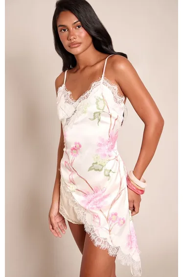 Multi Floral Satin Lace Detail Asymmetric Long Top