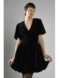 Black Velvet Short Sleeve Skater Mini Dress - 3