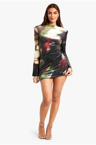 Printed Velvet Shoulder Pad Mini Dress - black