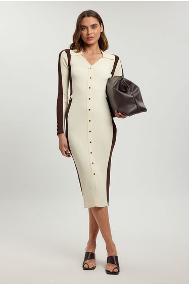 Viscose Rib Contrast Colour Button Knit Midi Dress