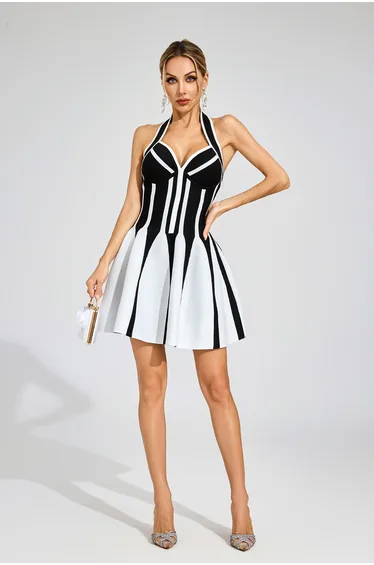 فستان مخطط بياقة هالتر - أسود