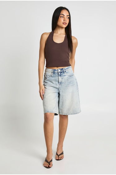 Ribbed Halterneck Top - chocolate