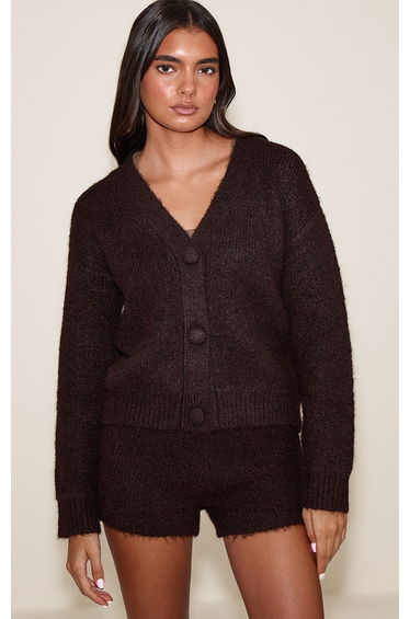 Chocolate Brushed Button Through Long Sleeve Cardigan