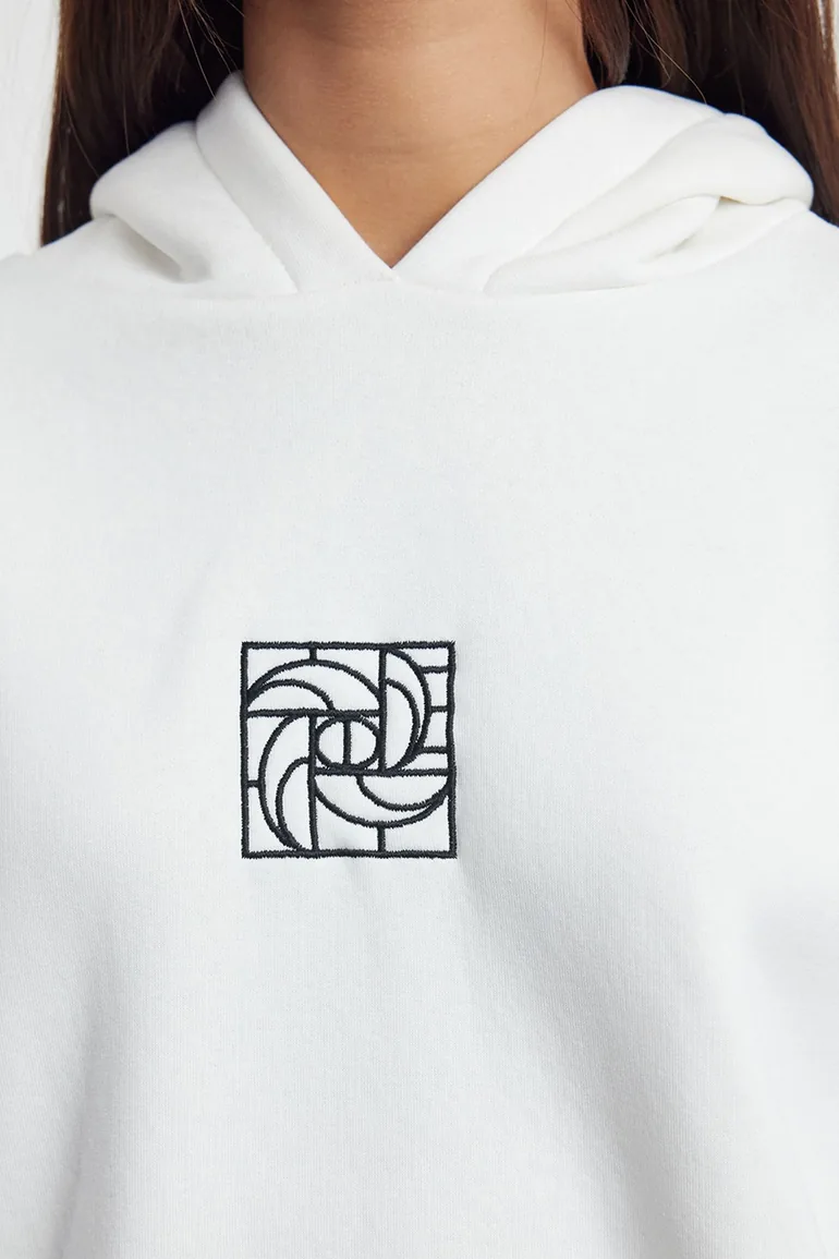 Ecru Oversize/Wide Pattern Embroidered Thick Inside Fleece Knitted Sweatshirt - 4