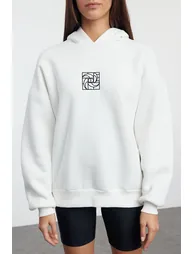 Ecru Oversize/Wide Pattern Embroidered Thick Inside Fleece Knitted Sweatshirt - 3