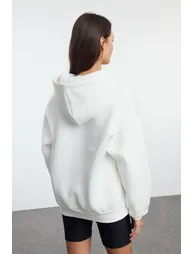 Ecru Oversize/Wide Pattern Embroidered Thick Inside Fleece Knitted Sweatshirt - 2