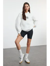 Ecru Oversize/Wide Pattern Embroidered Thick Inside Fleece Knitted Sweatshirt - 1