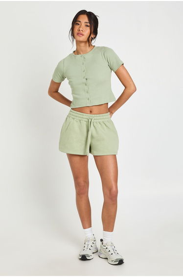 Ribbed Button Through Cap Sleeve Top And Short Tracksuit - sage
