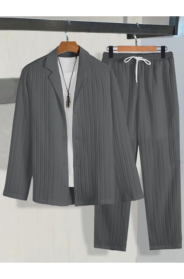 Men Grey Textured Blazer and Trousers Co-Ords