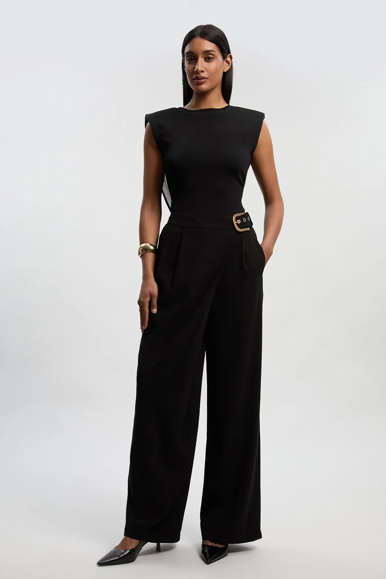Tailored Crepe Asymmetric Buckle Detail Wide Leg Trouser
