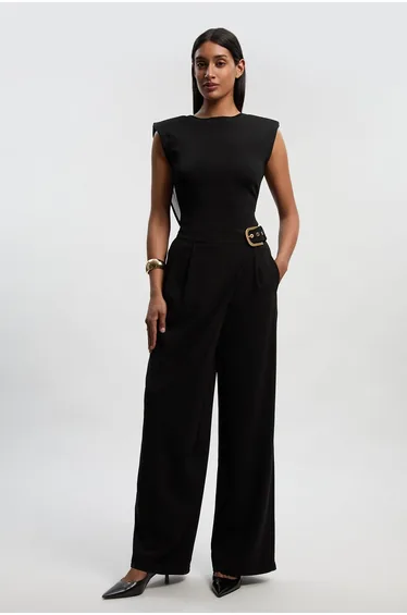 Tailored Crepe Asymmetric Buckle Detail Wide Leg Trouser