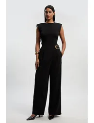 Tailored Crepe Asymmetric Buckle Detail Wide Leg Trouser