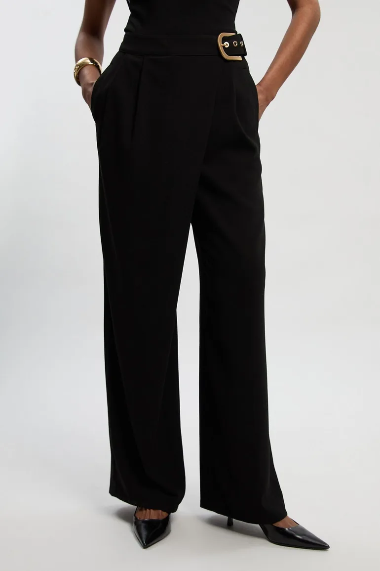 Tailored Crepe Asymmetric Buckle Detail Wide Leg Trouser - 1