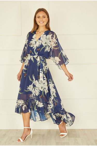 Floral Print Navy Kimono Wrap Dress