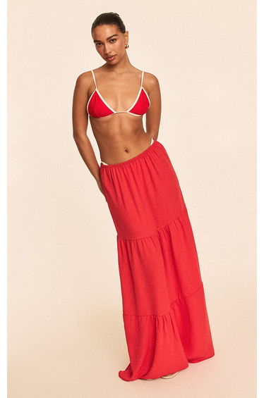 Red Linen Look Tiered Maxi Beach Skirt