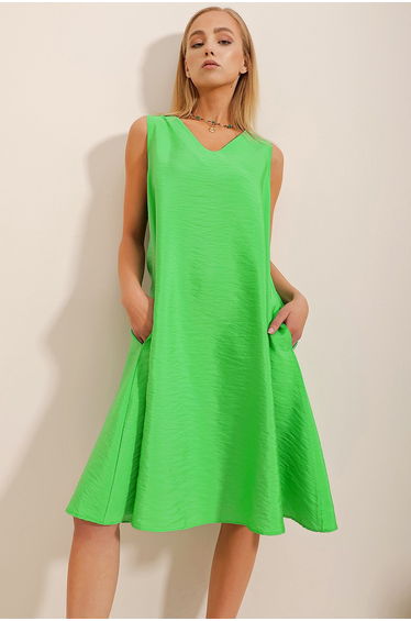 Women's Green V-Neck Double Pocketed Aerobin Woven Dress