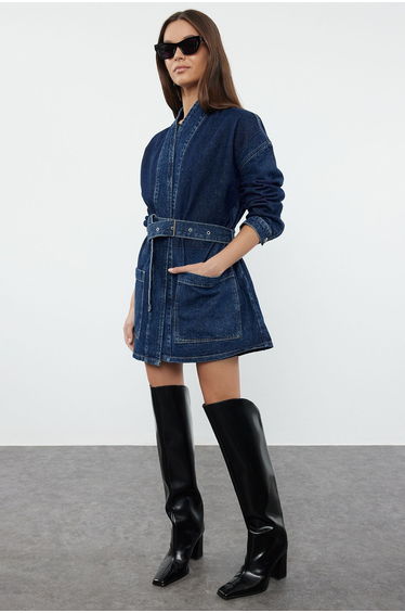 Dark Blue Color Block Belted Oversize Denim Jacket