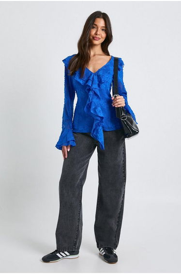 Ruffle Long Sleeve Blouse - cobalt