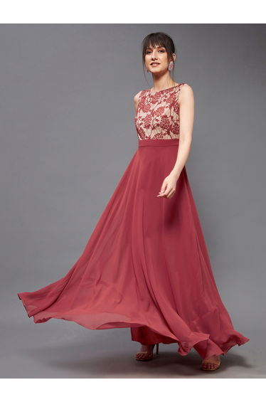 Lace Yoke Sleeveless A-Line Maxi Dress