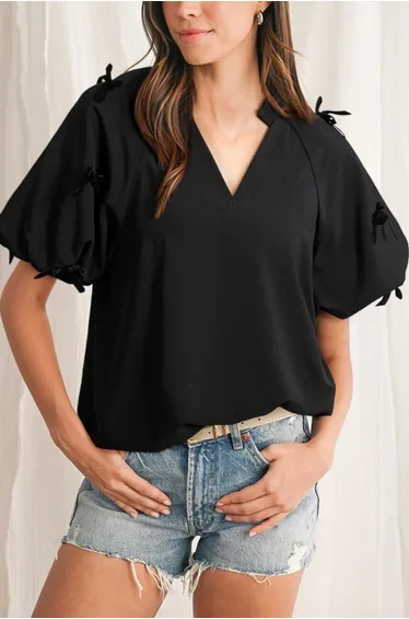 Lvness Black Bow Decor Puff Sleeve Split Neck Blouse