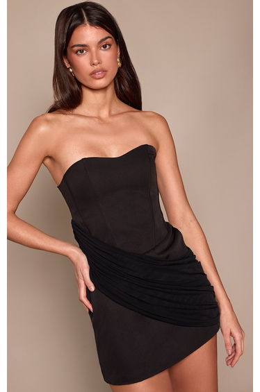 Black Woven Mesh Shoulder Drape Corset Dress