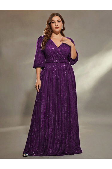 Leely Plus Women's Elegant V Neck Bishop Sleeve Sequin A-Line Dress