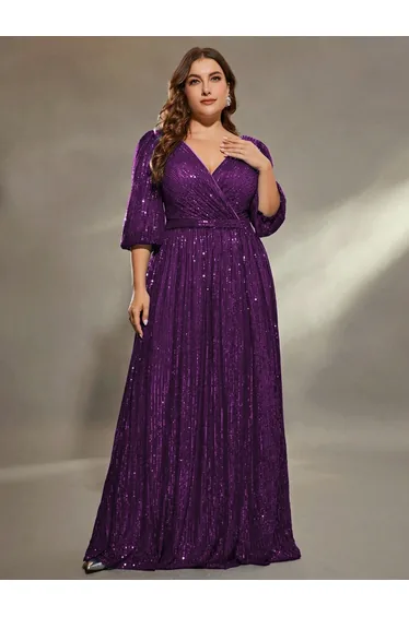 Leely Plus Women's Elegant V Neck Bishop Sleeve Sequin A-Line Dress