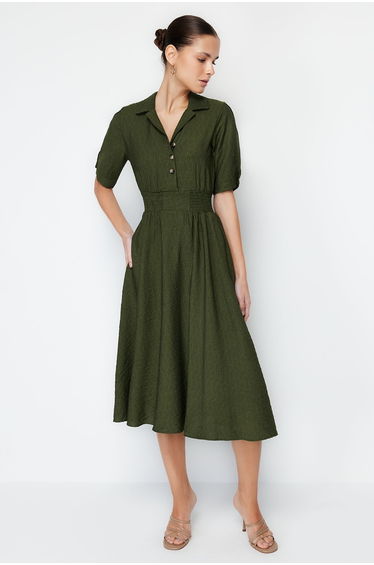 Khaki Midaxi Woven Gimped Dress