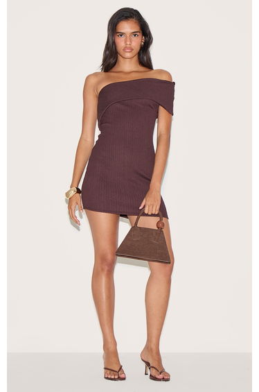 Chocolate Textured One Shoulder Bardot Bodycon Dress