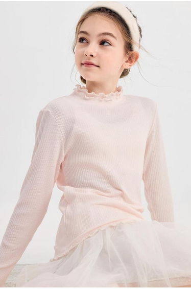 Girls' Ribbed Blouse With Frill Neckline
