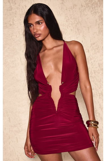 Deep Red Double Layer Cross Front Cut Out Mini Dress