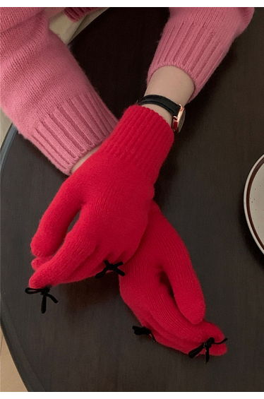 Bowknot Decor Fingerhole Knit Gloves in Red