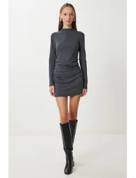 Women's Anthracite Pleated Stretchy Mini Knit Dress