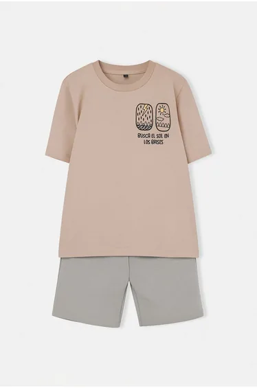 Beige Plain Knitted Bottom - Top Set