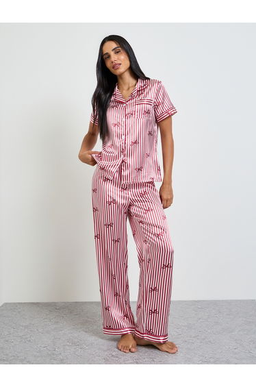Red Bow Print Striped Shirt and Pyjama Set