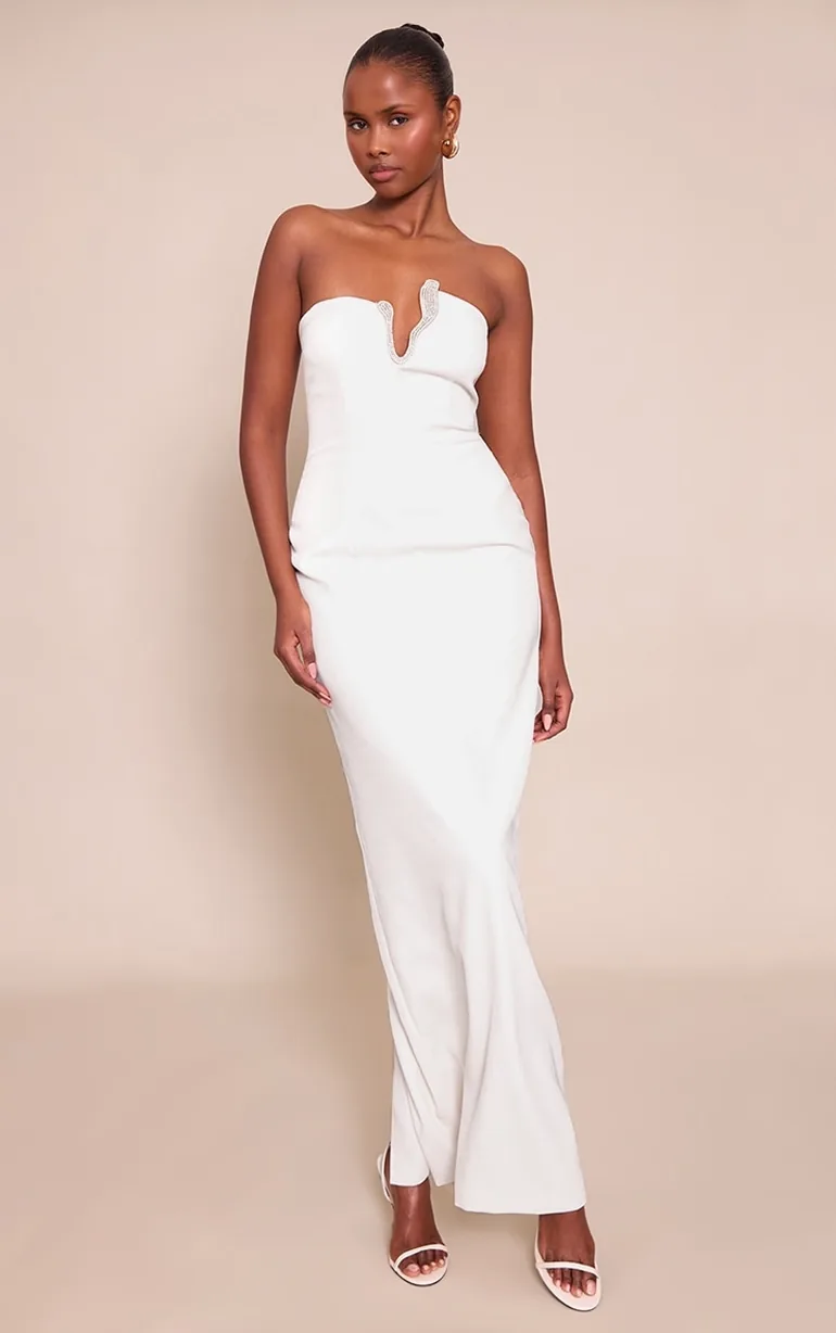 cream maxi bodycon dress The Frolic exclusive slinky asymmetric shoulders tie detail bodycon maxi dress in cream