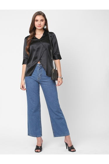 Women Black Satin Wrap Top